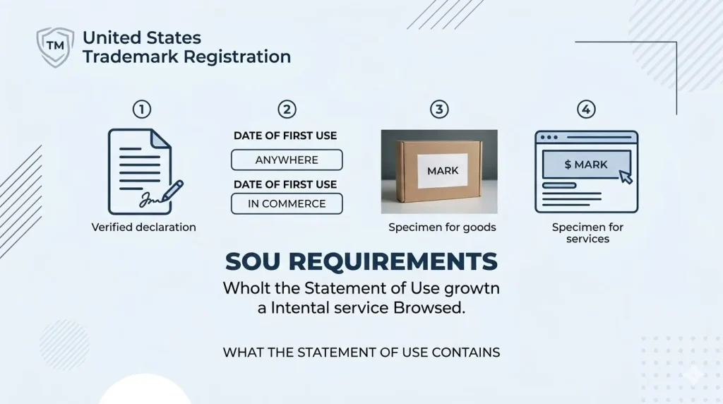 united states trademark registrations and law: What does the Statement of Use contain?